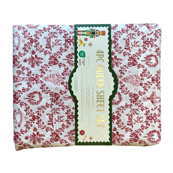 Envogue QUEEN 4pc Sheet Set Nutcracker Toile Christmas Bedding Red & White New - Picture 8 of 10